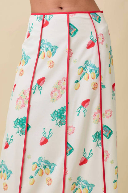 Main Strip - Vintage Fruit Print Midi Skirt