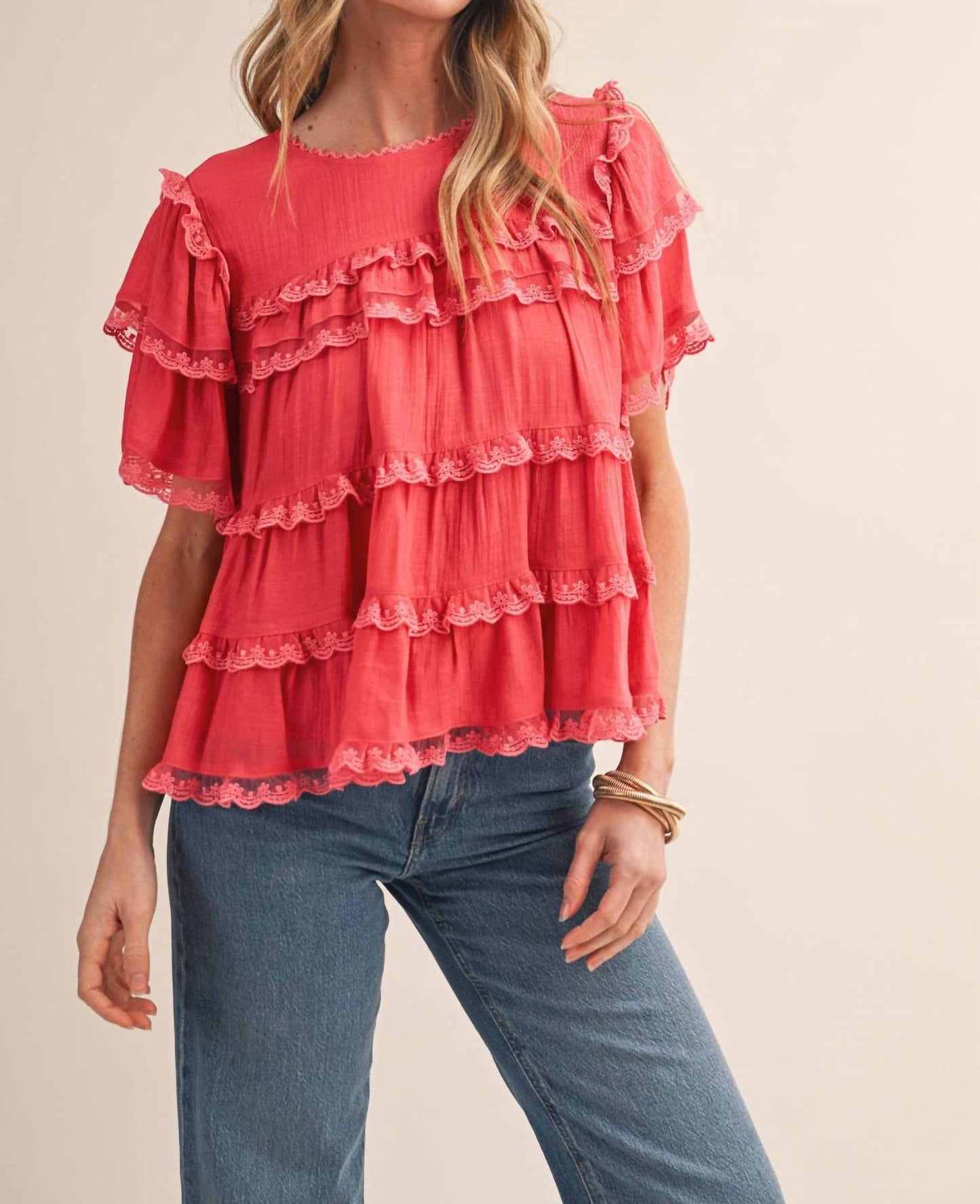 &Merci - Tiered Ruffle Lace Trim Swing Top