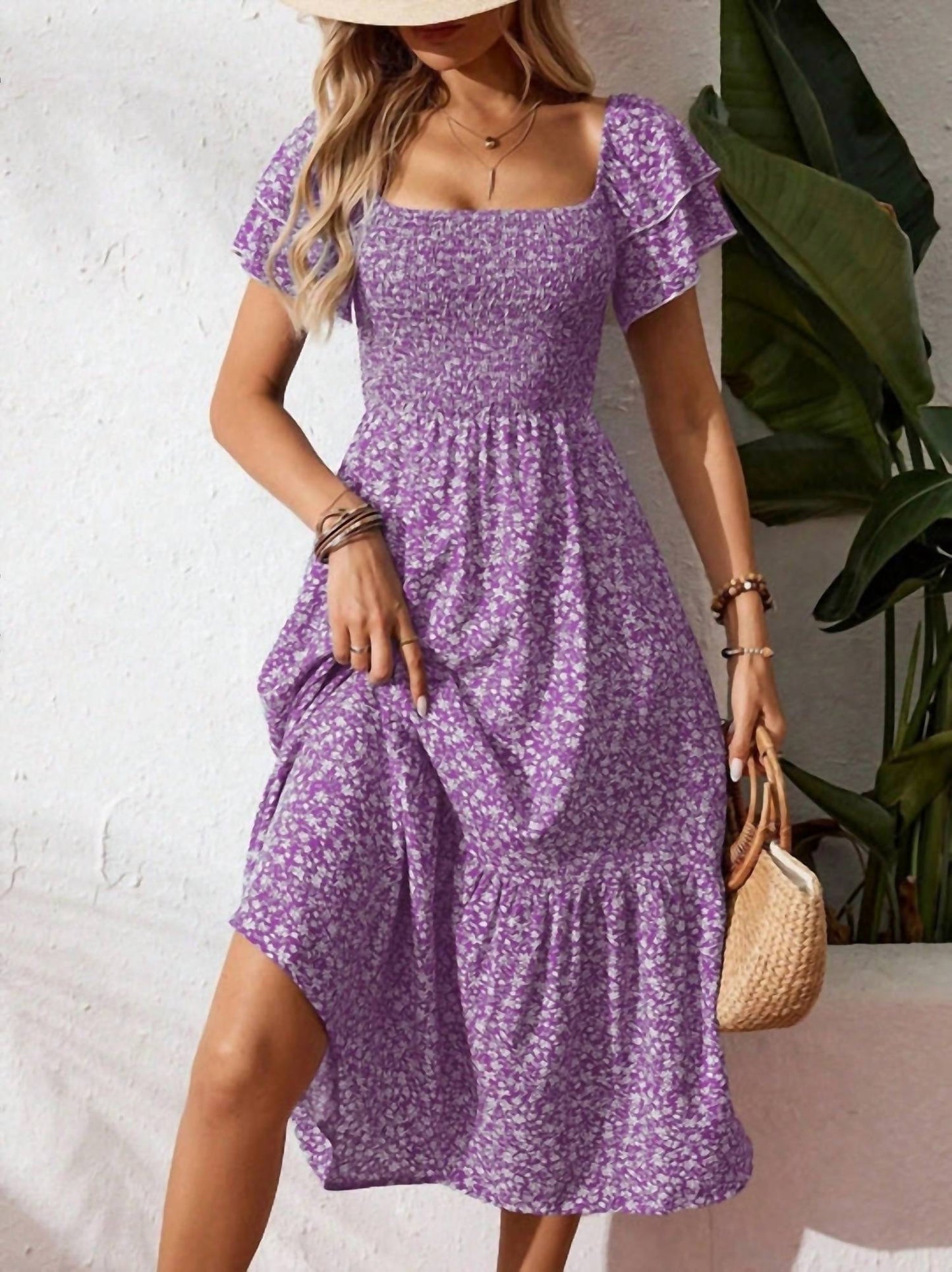 Lovesoft - Floral Square Neck Smocked Maxi Summer Dress