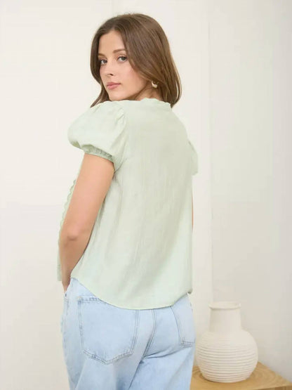 Blu Pepper - Lace Detail Puff Sleeve Button Down Blouse