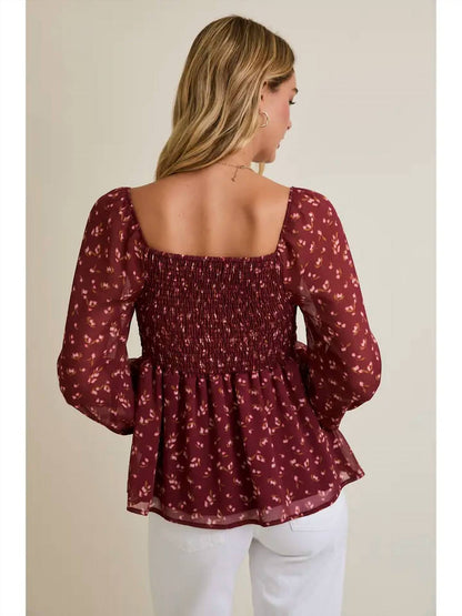 Gilli - Square Neck Puff Long Sleeve Smocking Back Ditsy Top