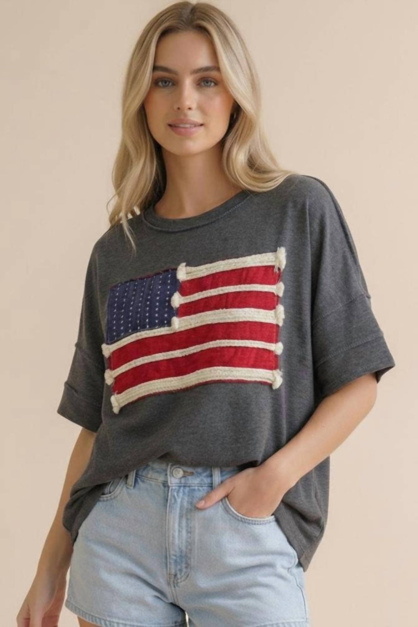 Haptics - Embroidery Braided Stripe American Flag Top