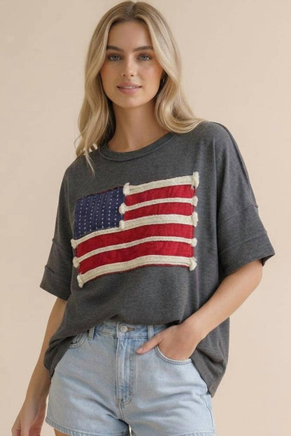 Haptics - Embroidery Braided Stripe American Flag Top