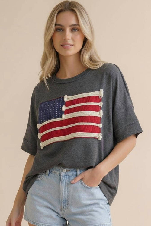 Haptics - Embroidery Braided Stripe American Flag Top