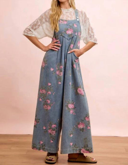 Bibi - Flower Print Washed Denim Wide Leg Jumpsuit
