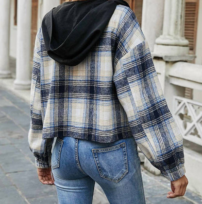 Miss Sparkling - Plaid Print Zip Up Hooded Jacket